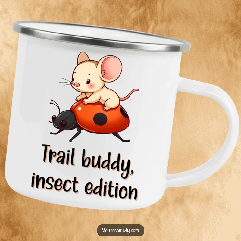 Funny tiny mouse riding a ladybug, perfect for enjoying drinks outdoors on a camping mug.