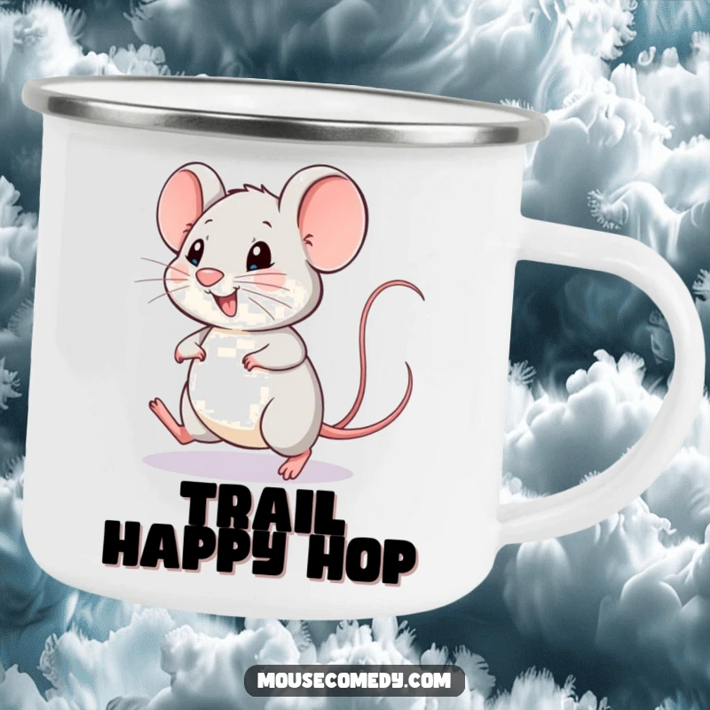 Funny mouse camping mug with a happy mouse doing a little hop, its tail wagging with excitement.