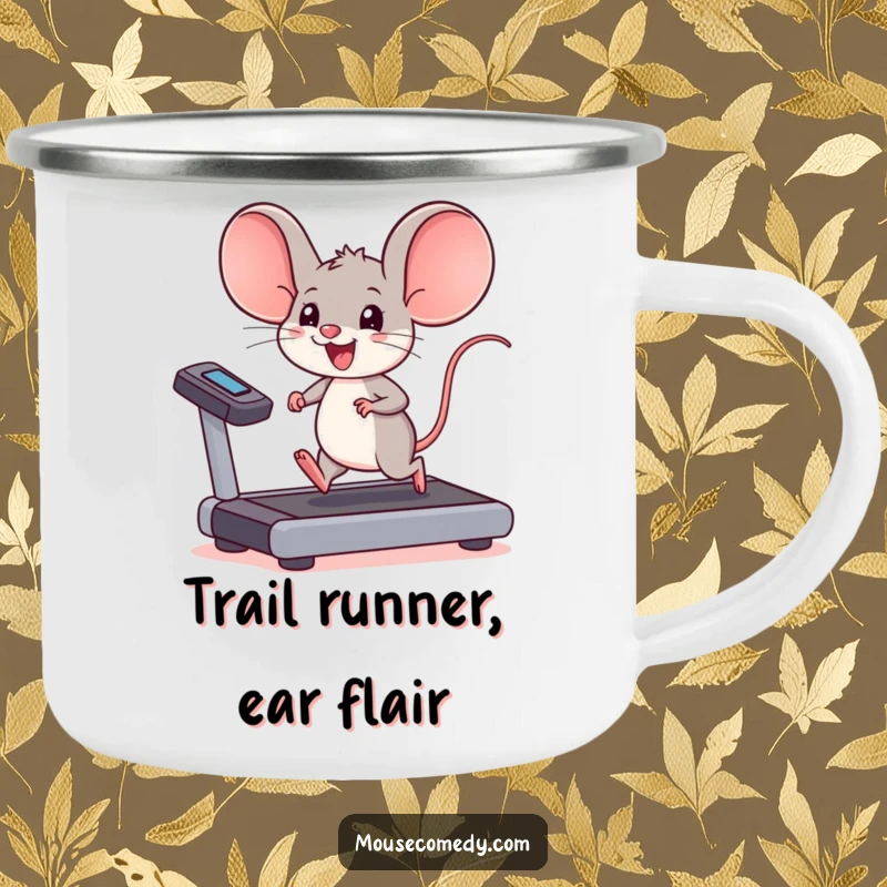 Funny kawaii mouse camping mug, a mouse with big ears running on a treadmill, perfect for active outdoor enjoyment.