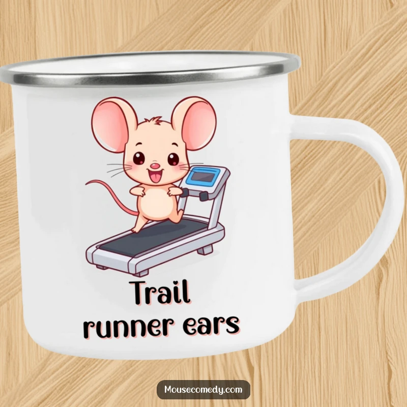 Funny kawaii mouse with large ears, running on a treadmill, ready for the outdoors. A sturdy and funny gift.