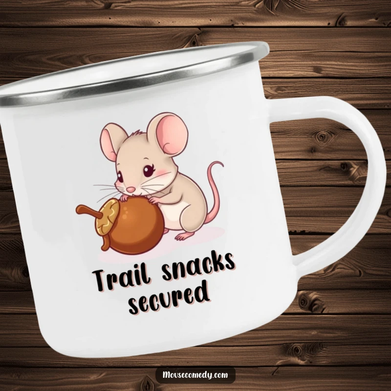 Funny camping mug showing a mouse using its nose to push a rolling acorn, perfect for nature lovers and adventurers.
