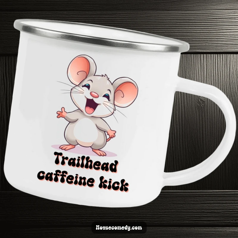 Funny camping mug showing an energetic mouse ready to explore, ideal for adding humor to outdoor trips.