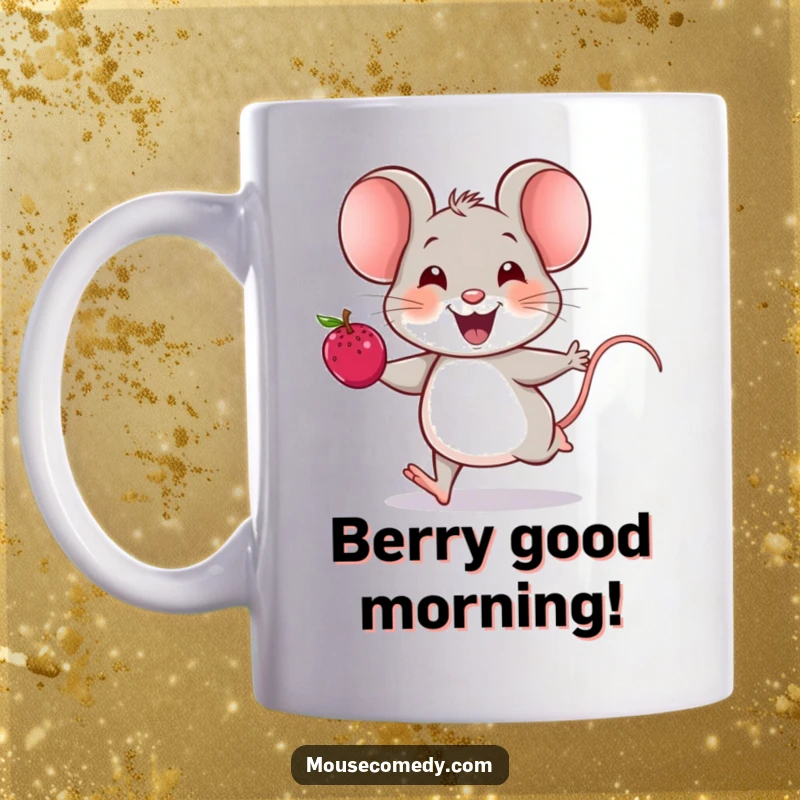 Funny mouse mug showing a cheerful mouse with a joyful squeak running with a large, ripe berry, radiating happiness.