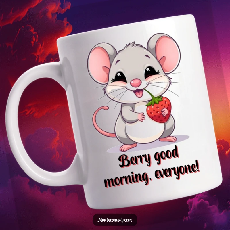 Funny giggling mouse expertly balancing a bright red berry on its nose, printed on a ceramic mug.