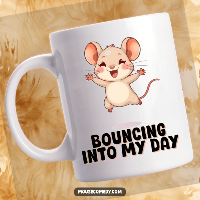 Funny mug showing a tiny mouse character with energetic bounds, leaping joyfully, conveying immense happiness and excitement.