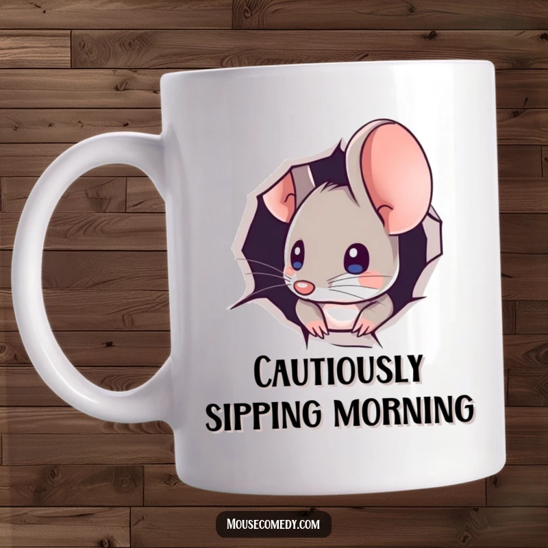 Funny mug showing a cute mouse character curiously peeking out from a minuscule hole, conveying a sense of mischief and wonder.