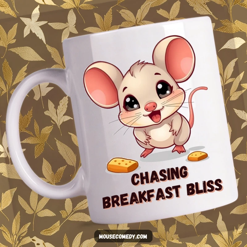 Funny Mouse Mug: A delighted mouse with wide, sparkling eyes enthusiastically chases a bouncing crumb, full of excitement.