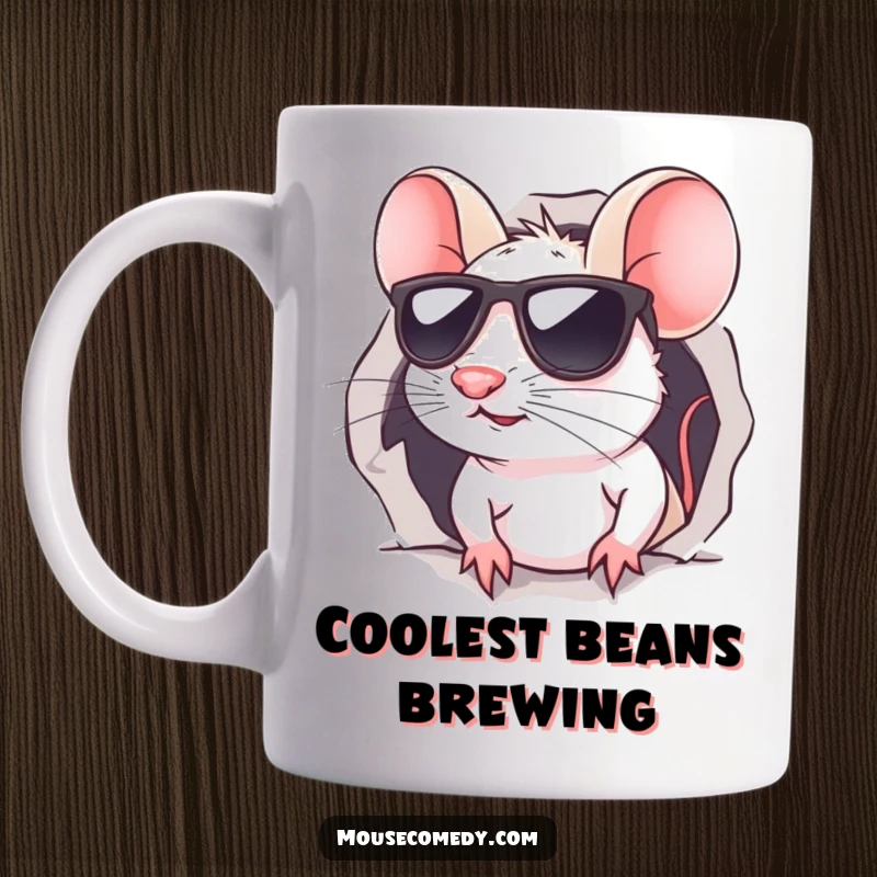 Funny kawaii mouse mug, showcasing a cool mouse wearing sunglasses, peeking mischievously from a tiny hole with a sly grin.