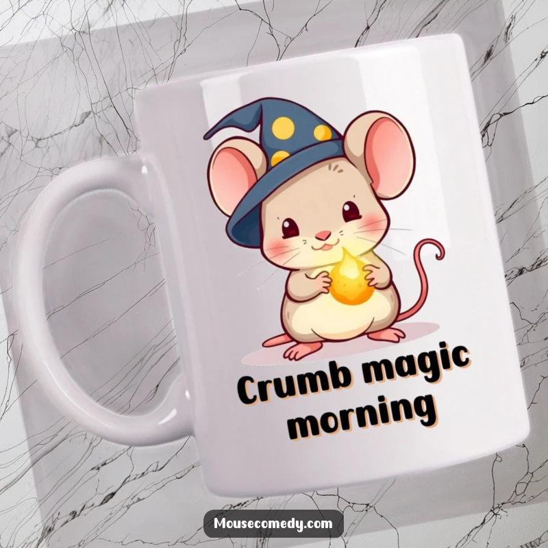 Funny Kawaii Wizard Mouse Mug: A tiny mouse in a wizard hat holding a glowing crumb, casting a magical spell.