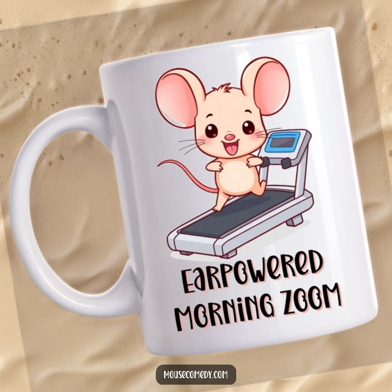Funny kawaii mouse with enormous ears, running energetically on a treadmill, looking happy. Great funny gift for fitness fans.