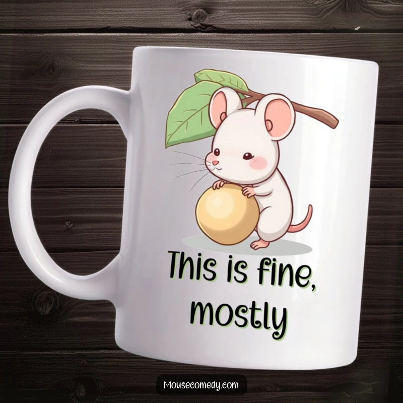 Funny mug showing a determined mouse struggling to carry a seed that is significantly larger than itself.