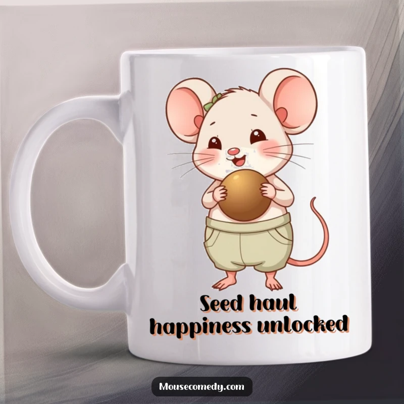 Funny Chubby Mouse Mug - A happy, panting rodent proudly carries a giant seed, showcasing its delightful enthusiasm and soft fur, perfect for gift-givers.