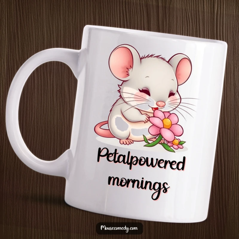 Funny mouse mug showing a content mouse happily nibbling a colorful flower petal, peaceful and serene, a delightful nature-inspired gift.