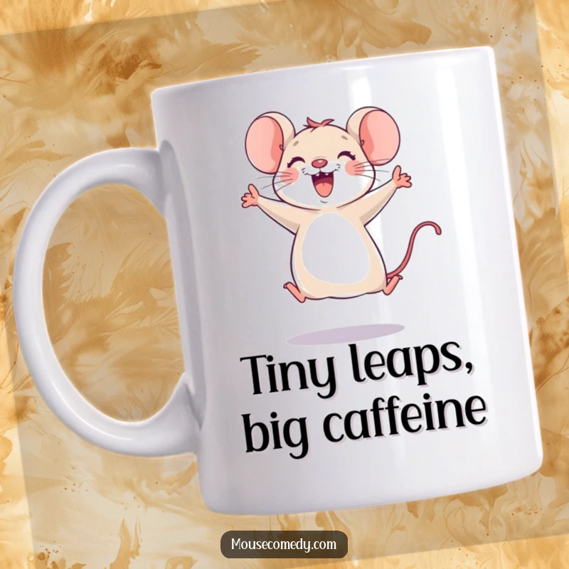 Funny mouse mug with a joyful mouse mid-leap, paws in the air, looking ecstatic and ready to celebrate, a delightful gift.