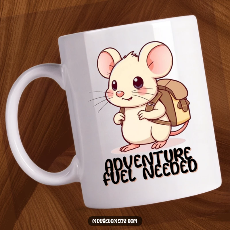 Funny Kawaii Mouse Mug: A cute, determined mouse wearing a small backpack, looking eagerly towards a horizon.