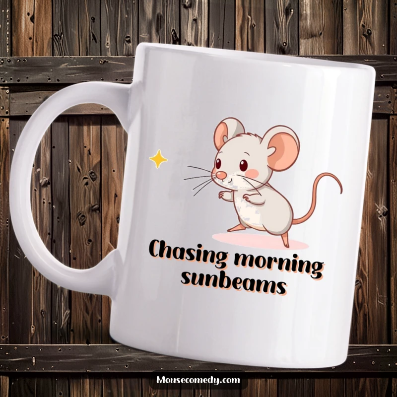 Funny Kawaii Mouse Mug: An energetic, cute mouse leaping playfully to catch a bright beam of light.