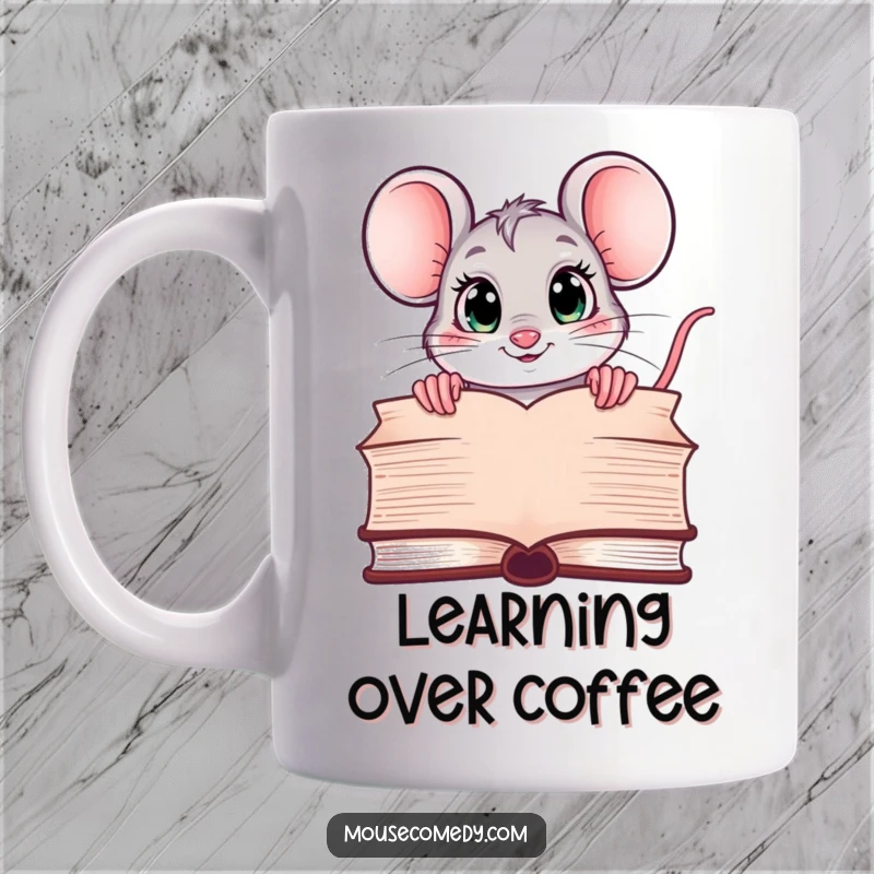 Funny mug showing a kawaii mouse with large, curious eyes peeking over a giant book, symbolizing a love for reading and untold stories.