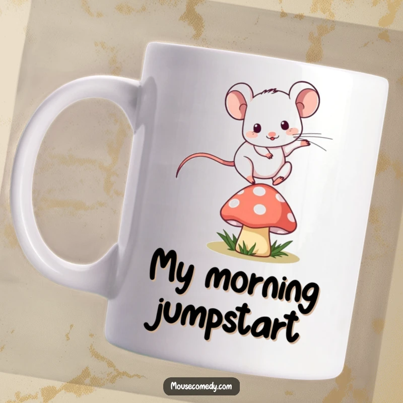 Funny kawaii mouse mid-air, playfully jumping over a small, stylized mushroom on a ceramic mug.