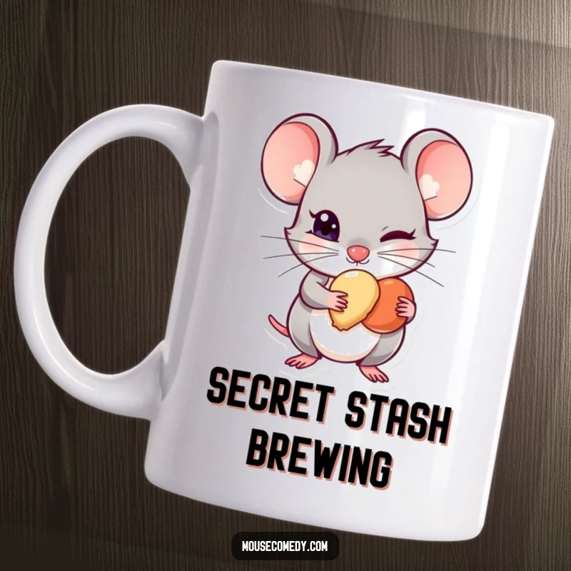 Funny Mischievous Mouse Mug - A cunning mouse with a sly grin hides a tiny treat, radiating playful naughtiness, ideal for a humorous gift.
