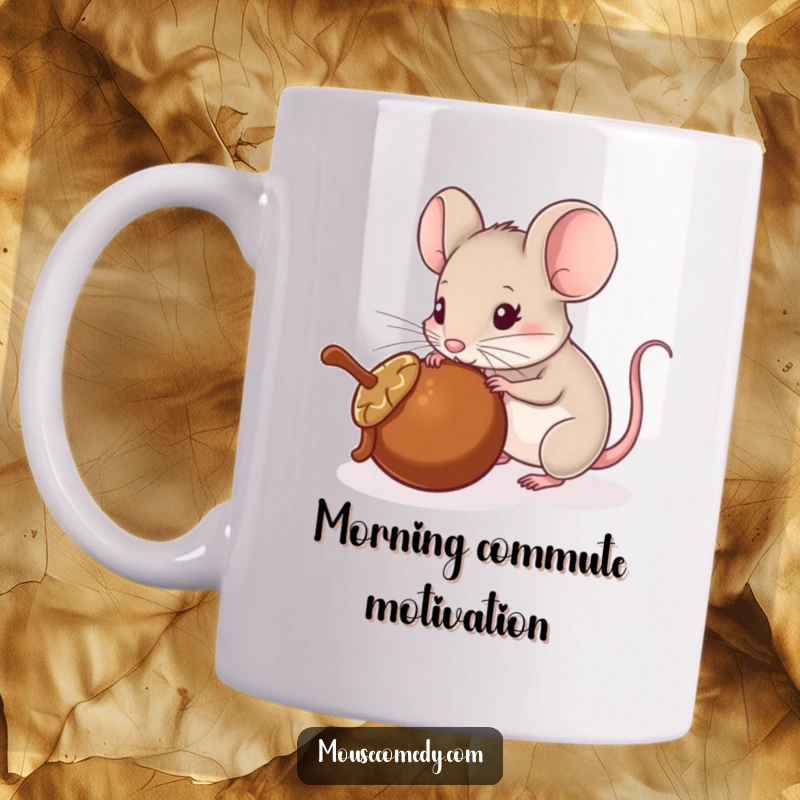 Funny mug showing a small mouse playfully pushing a large rolling acorn with its nose, full of determination and fun.