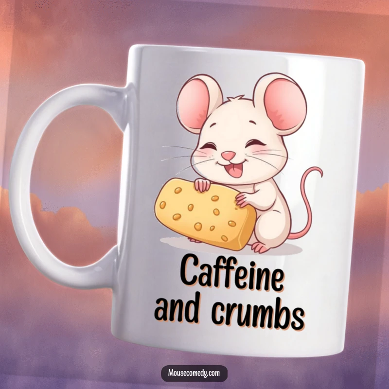 Funny Mouse Mug: A joyful mouse with twitching whiskers happily holds a large crumb, anticipating a tasty bite.