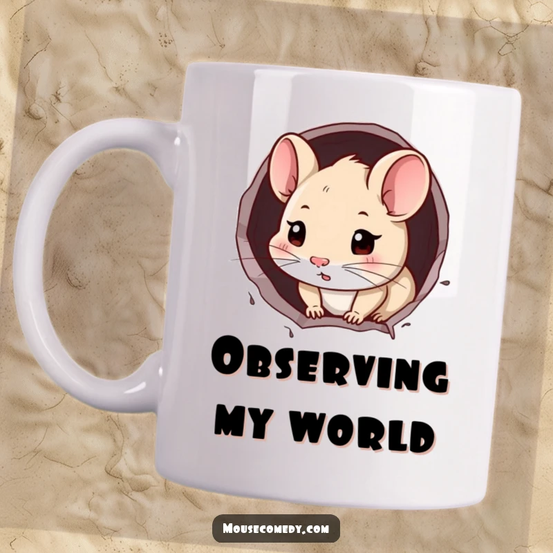 Funny Mouse Mug: A curious mouse peeking from a tiny hole in the wall, inviting a peek back.