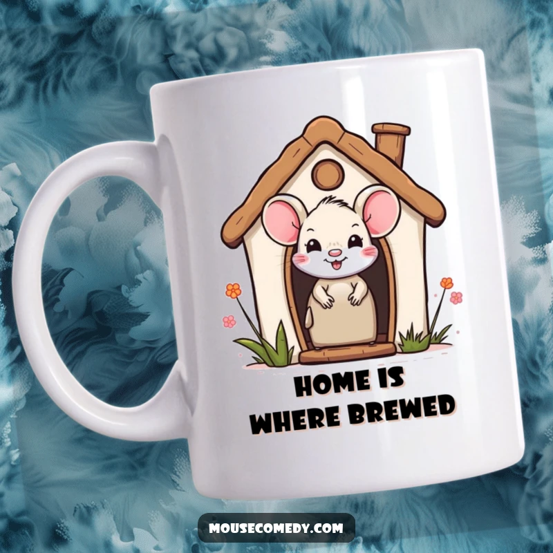 Funny mug showing a smiling mouse peeking out from the window of a charming miniature house, inviting a peek back.