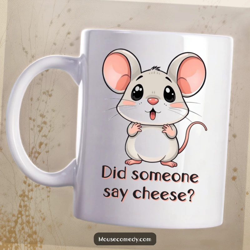 Funny surprised mouse mug, ears standing straight up in shock, wide eyes, a comical reaction, perfect gift.