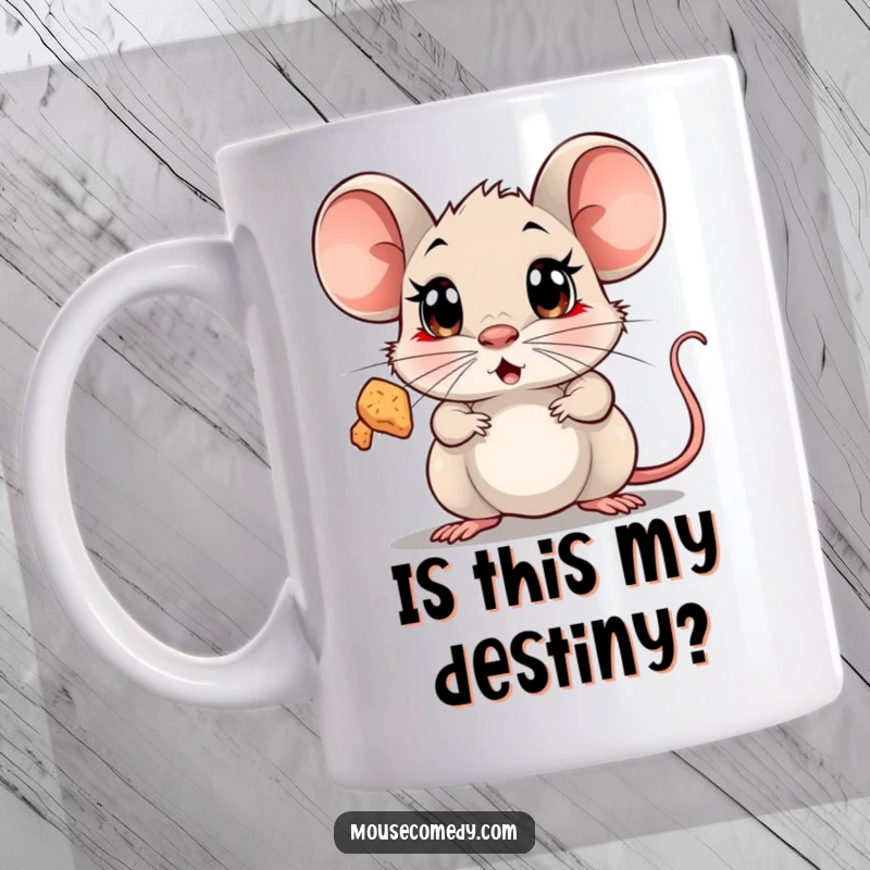 Funny Surprised Mouse Mug showing a small mouse with wide, shocked eyes staring at a floating, sparkling crumb.