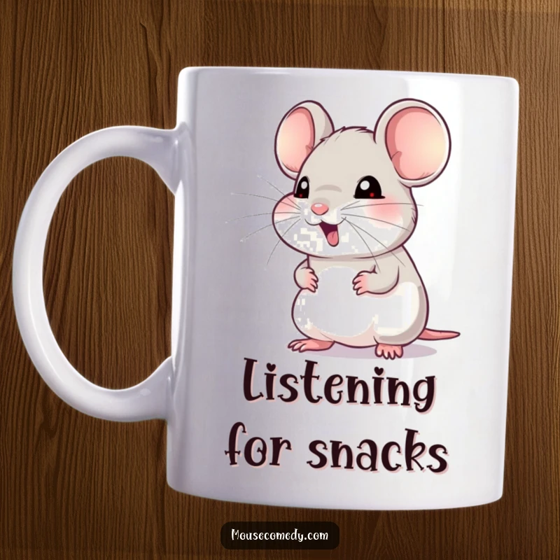 Funny mug showing a small mouse with its whiskers twitching intensely, reacting eagerly to an unknown sound, full of anticipation.