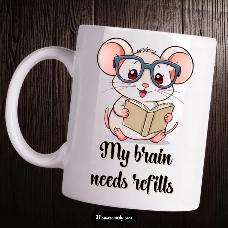 Funny Kawaii Mouse Mug: Tiny bookworm wearing oversized glasses, happily reading, bringing joy to your desk.