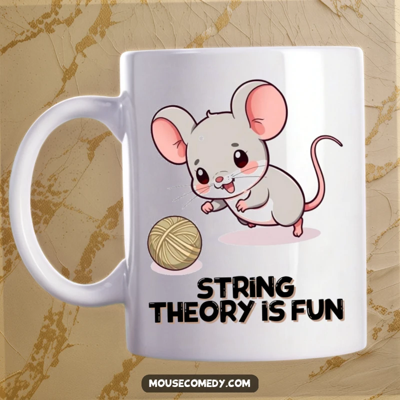 Funny mug showcasing a kawaii mouse with wide eyes, playfully chasing a ball of yarn, full of energetic mischief and cuteness.