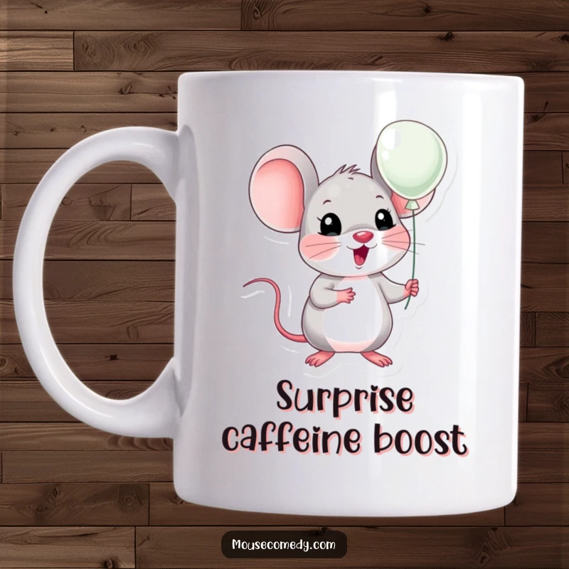 Funny kawaii mouse with wide eyes of surprise, holding a very small balloon. Great funny gift.