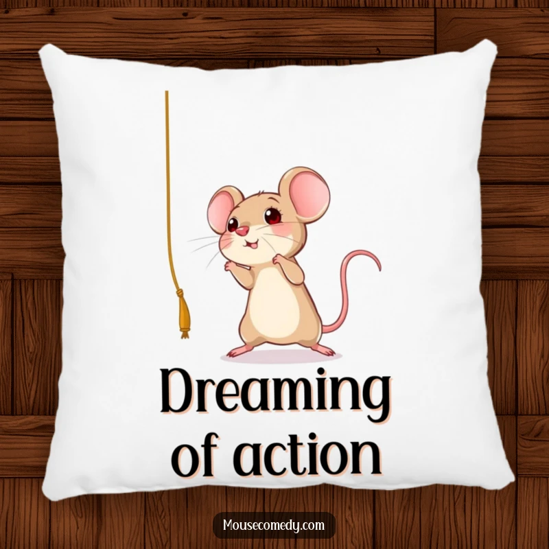 Funny mouse pillow with a plush illustration of a rodent mid-leap, enthusiastically reaching for a dangling string, a soft funny gift.