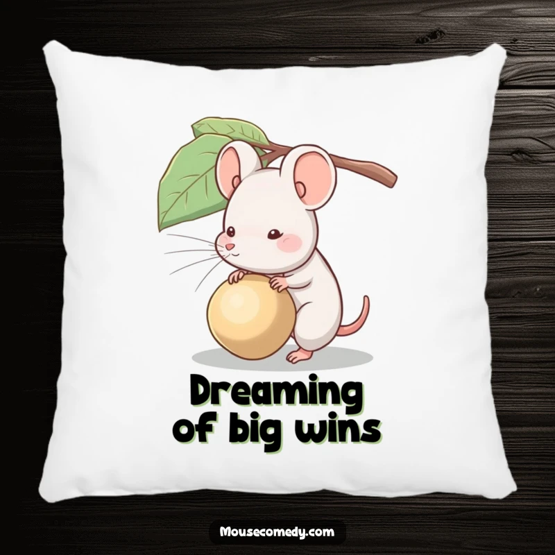 Funny pillow showcasing a small mouse attempting to carry a seed that is significantly larger than itself.
