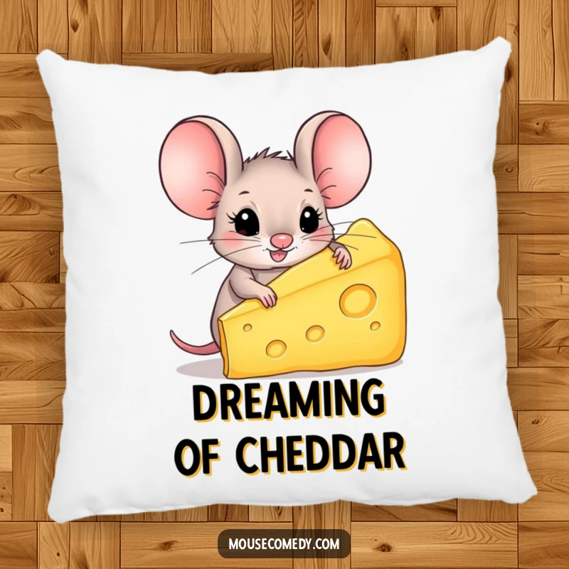 Funny Mouse Pillow: A delightful mouse with oversized ears joyfully clutches a colossal wedge of cheese, perfect for cuddling.