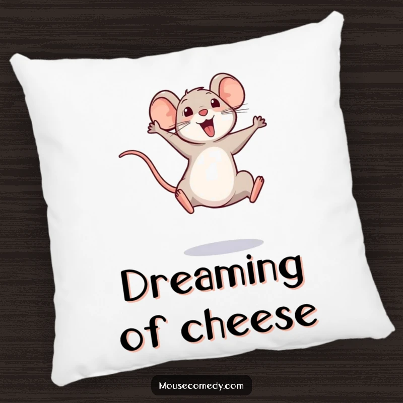Funny pillow design showcasing a small, elated mouse performing a high, triumphant leap, tail held up in celebration.
