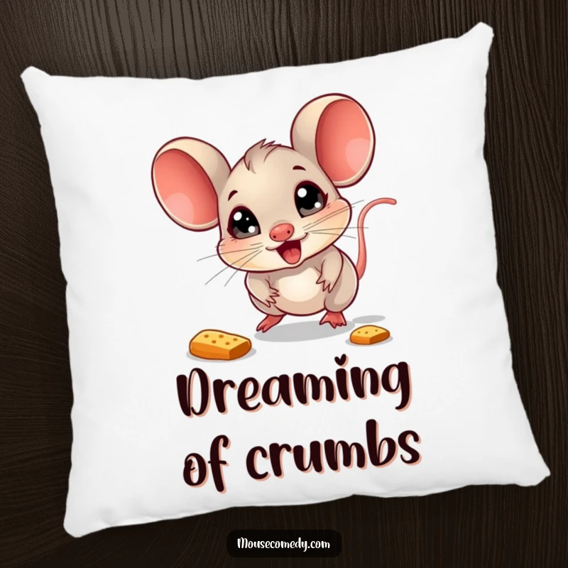 Funny Mouse Pillow: A delighted mouse with sparkling eyes chases a bouncing crumb, perfect for adding joyful decor.