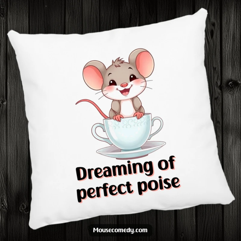 Funny mouse teacup pillow with a graphic of a happy mouse with a wide, cheerful grin balancing on the rim of a teacup, for comfortable humor.