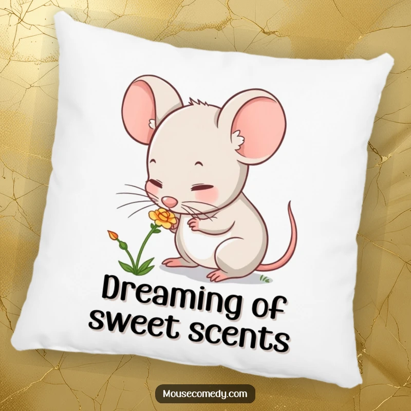 Funny mouse pillow with a cute character curiously sniffing a small flower, adding a touch of whimsy and comfort to any seating area.