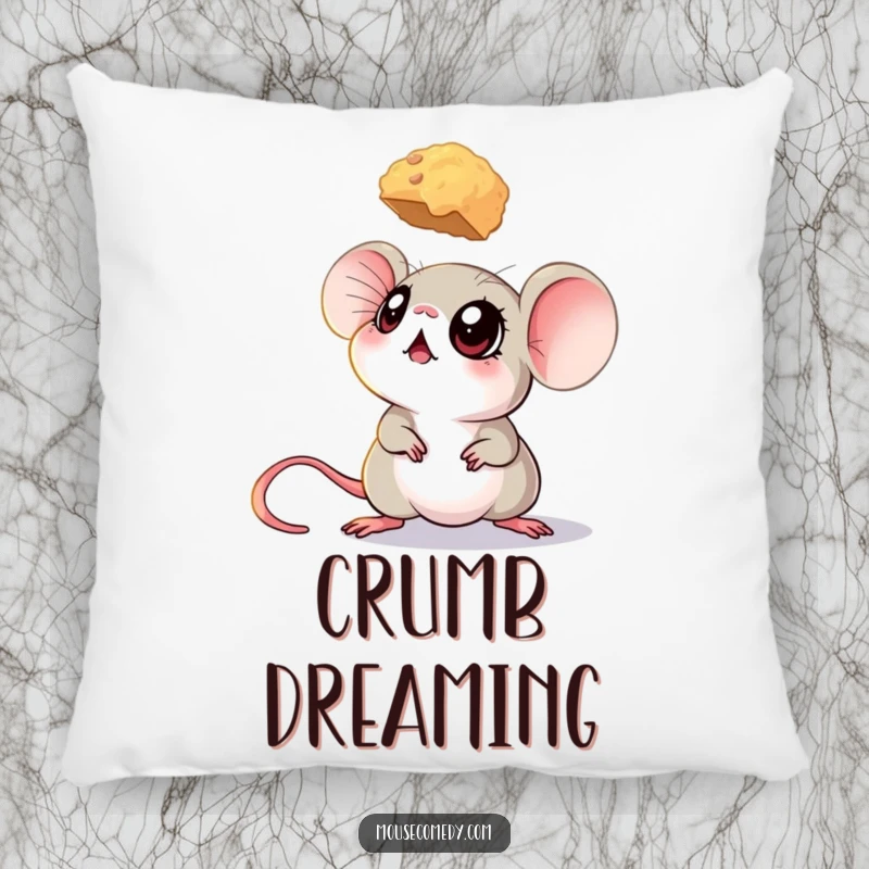 Funny mouse pillow with a mouse’s big eyes looking upwards with adoration at a hovering crumb, depicting longing.