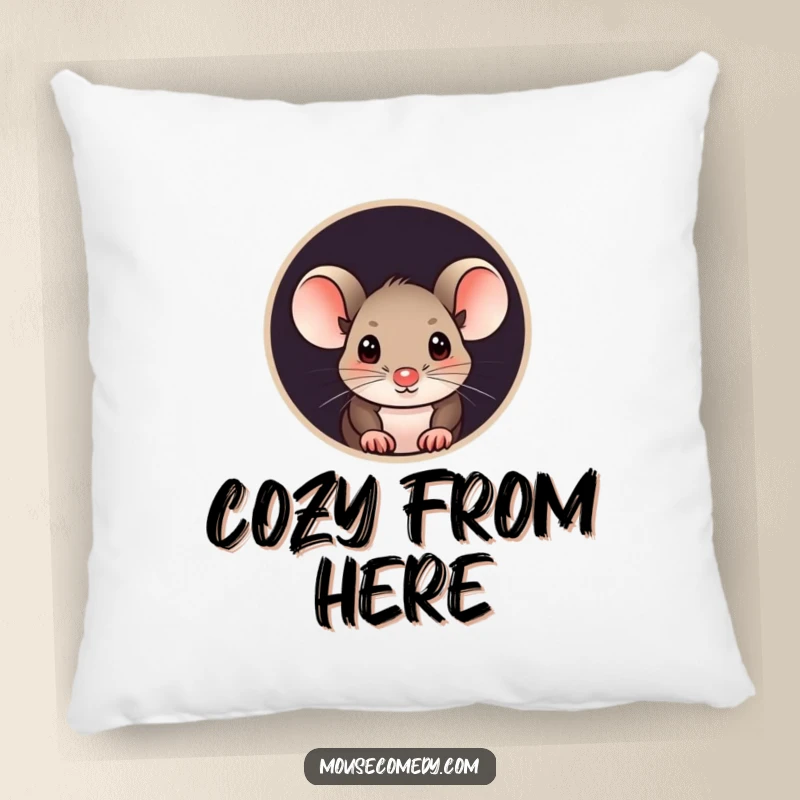 Funny mouse pillow with a curious mouse peeking its head out from a small, round hole, its expression inviting.