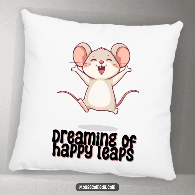 Funny pillow showcasing a happy mouse in a joyful leap, adding comfortable and humorous decor.