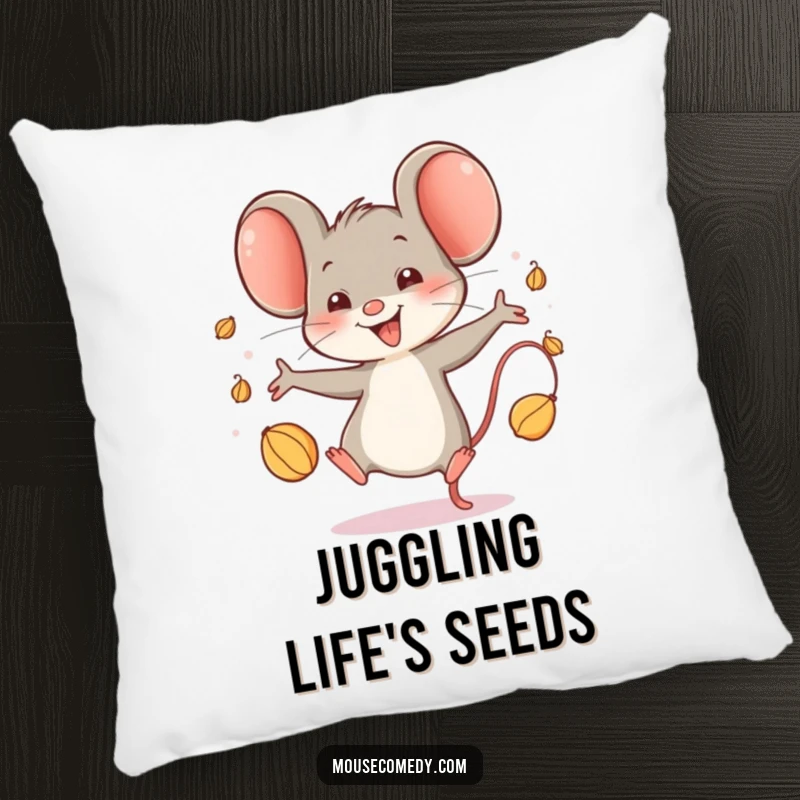 Funny Happy Mouse Pillow: A plush pillow featuring a mouse character joyfully juggling seeds, bringing cozy charm and funny vibes to any room.