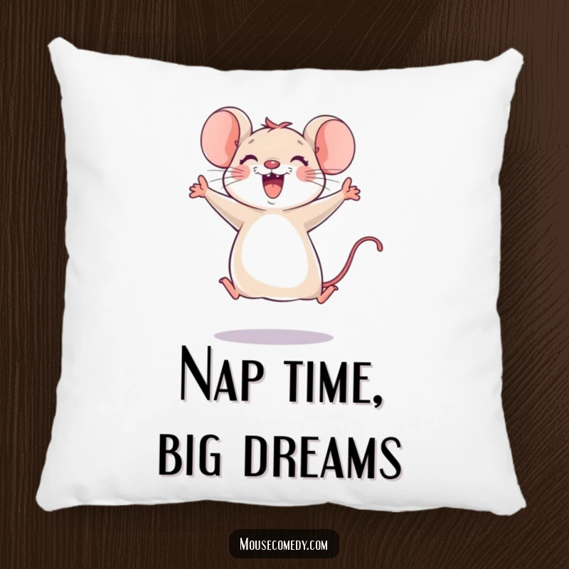Funny mouse pillow featuring a joyful mouse in a celebratory leap, paws up, adding comfort and a humorous touch to any seating area.