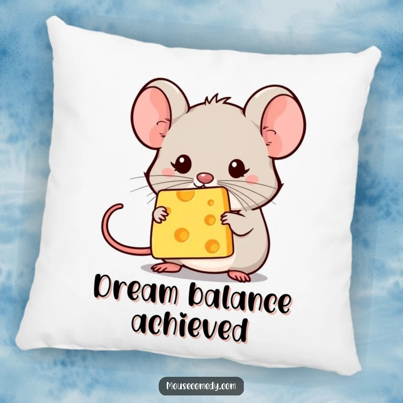 Funny kawaii mouse balancing a speck of cheese on its nose, offering comfort. Adorable and funny gift.