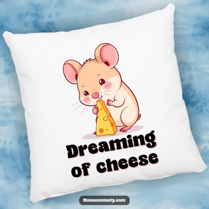Funny kawaii mouse pillow, depicting a cute mouse meticulously balancing a small piece of cheese on its nose, irresistibly charming.