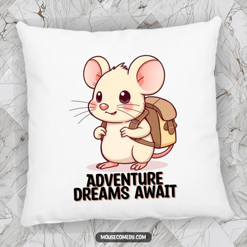 Funny Kawaii Mouse Pillow: A cute mouse wearing a small backpack, looking poised and excited for an upcoming exploration.