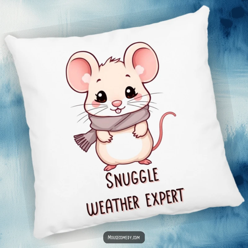 Funny kawaii mouse wearing a small scarf, radiating chilly happiness on a soft, decorative throw pillow.
