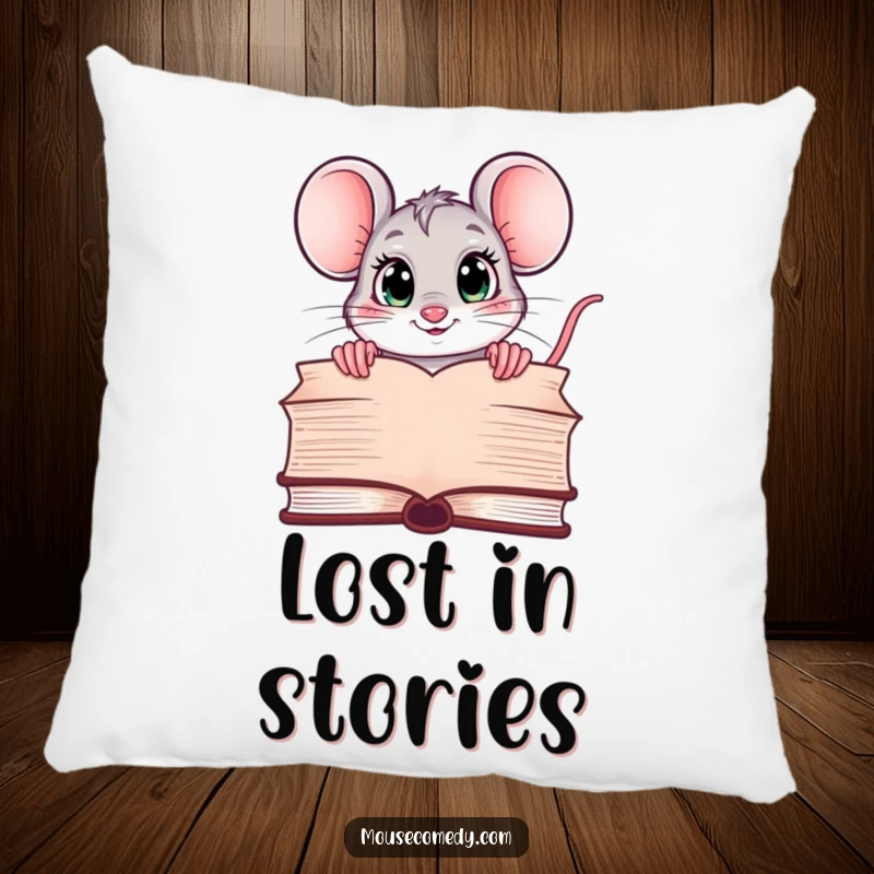 Funny pillow with a kawaii mouse peeking over a large book, its eyes wide with curiosity, offering plush comfort for reading enthusiasts.